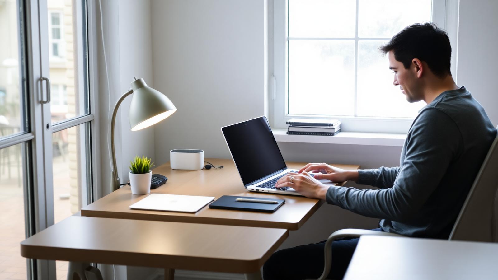 Pessoa usando notebook em mesa bem iluminada com olhar direcionado à tela