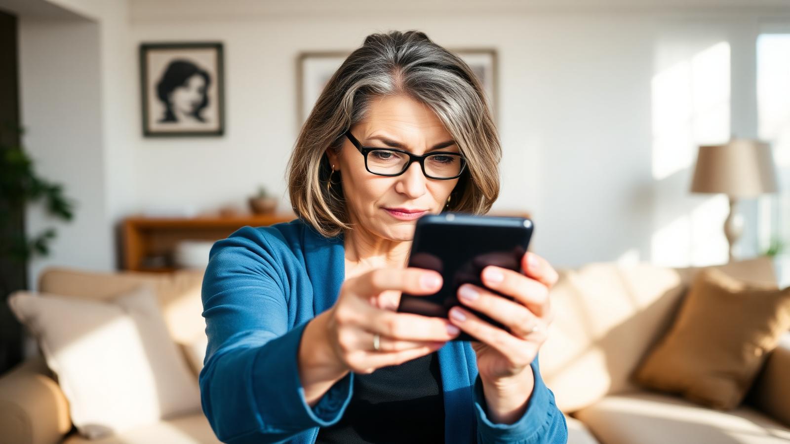 Pessoa adulta afastando o celular para conseguir ler, um sinal comum de presbiopia