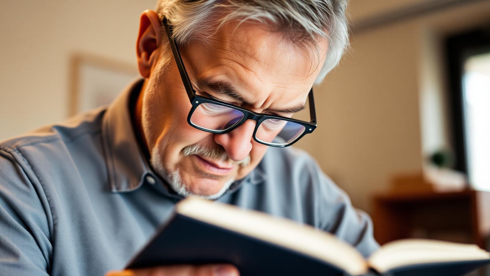 Pessoa usando óculos multifocal e olhando para um livro pela área inferior das lentes