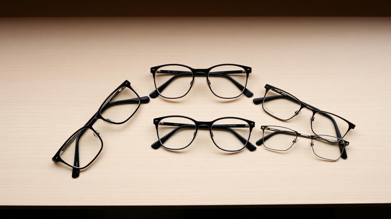 Comparação entre óculos multifocal, bifocal e dois pares de óculos sobre uma mesa
