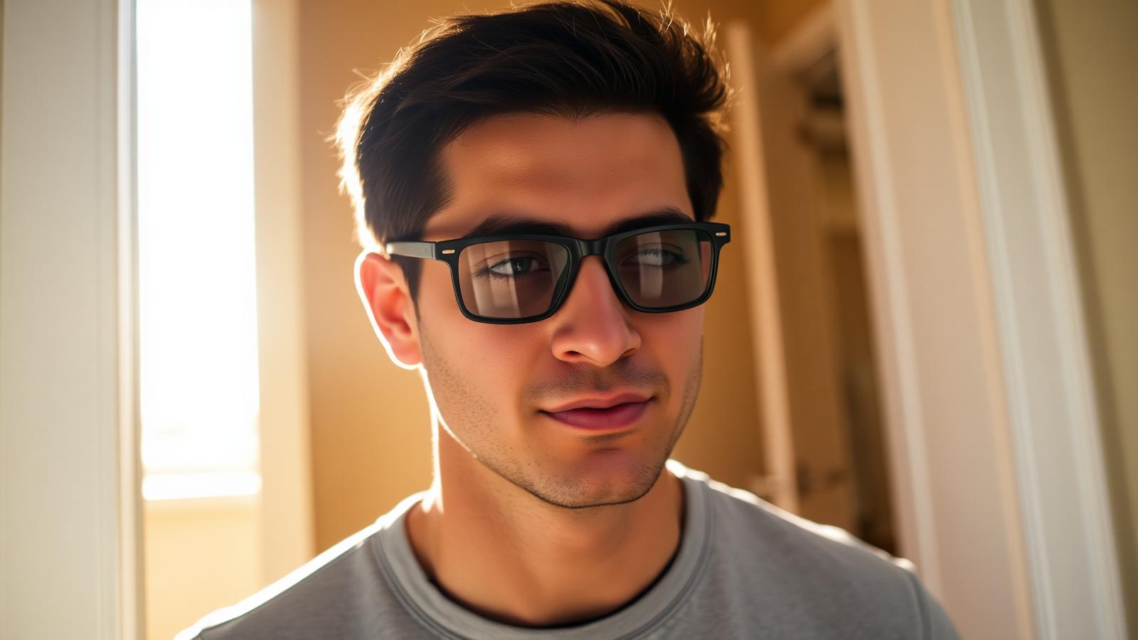 Pessoa usando óculos com lentes fotossensíveis que escurecem ao sair ao sol.