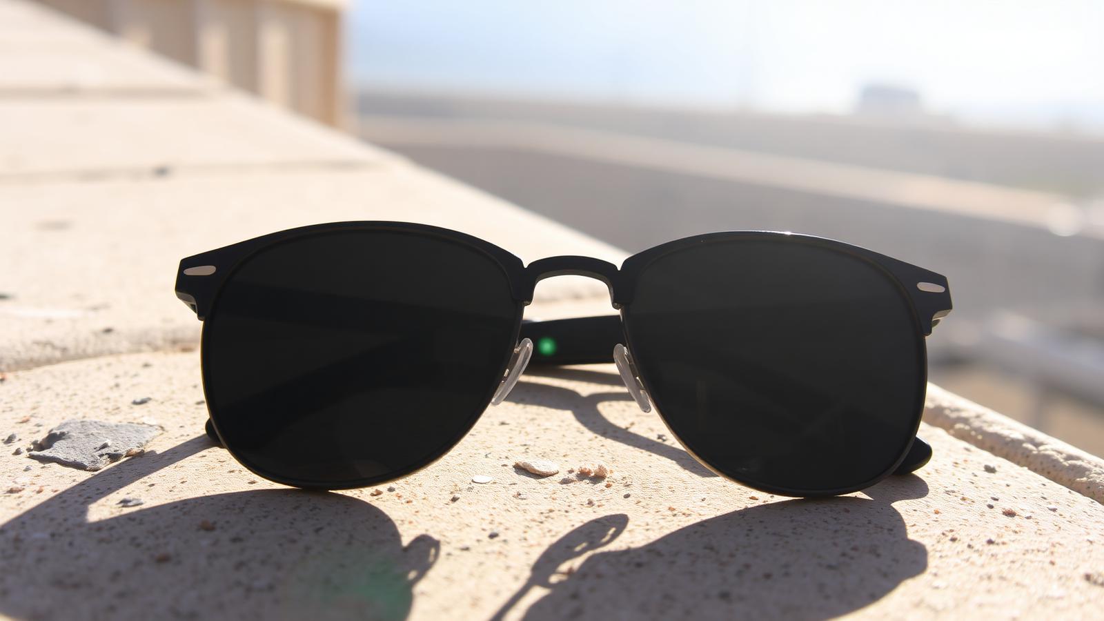 Óculos de sol sobre superfície externa iluminada, representando proteção UV e redução de reflexo